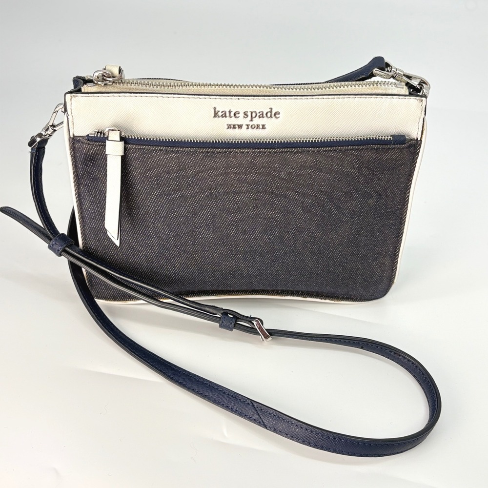 Kate Spade Cameron Crossbody Bag Women Navy White Denim Colorblock Leather Purse